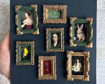 Handmade Mini Plaster Frame & Print: Vintage Dollhouse Portrait Art