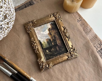 Miniature Framed Art Print, Vintage Plaster Golden Frame Handmade Gallery Wall Art