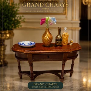 May include: A miniature wooden console table with a single drawer and four turned legs. On the table sits a white bowl with blue floral patterns, a gold vase with colorful flowers, a gold bottle, a clear glass decanter, and a tiny glass.