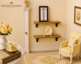 1:12 Scale Miniature Wall Shelf Set | Rustic Wooden Shelves, Floral Plate, Home Sign