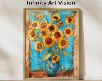 ヴィンテージ ゴッホのひまわりプリント、温かみのあるボヘミアン