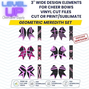 May include: A set of 3-inch wide geometric cheer bow designs in black, pink, and white. The designs are available as digital cut files for vinyl cutters, or as printable files for sublimation or printing. The designs are labelled "Geometric Meredith Set".