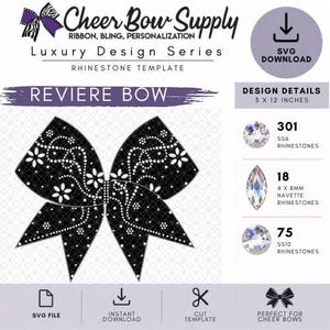 Könnte beinhalten: Eine digitale Strass-Vorlage für eine Reviere Cheer-Schleife, 7,62 x 30,48 cm groß. Das Design zeigt eine schwarze Schleifenform mit weißen Blumen- und Wirbelmustern, die 556 runde, 18 Navette- und 75 SS10-Strasssteine zur Fertigstellung erfordert.
