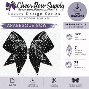 Op de afbeelding: Een digitaal strass-sjabloon voor een Arabesque strik van 3 bij 12 inch. Het ontwerp toont een zwarte strikvorm met ingewikkelde witte stippatronen, waarvoor 372 SS6, 7 navette en 79 SS10 strass-steentjes nodig zijn. Inclusief SVG-download.