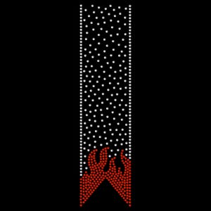 May include: A vertical design on a black background. The design features a column of white dots, resembling a trail of falling stars. At the bottom, red dots form a flame-like shape, creating a fiery contrast against the dark backdrop.
