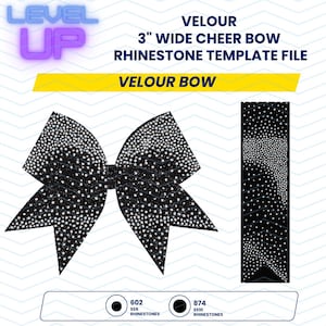 Könnte beinhalten: Schwarze Velours-Cheerleader-Schleife mit Strass-Vorlagendatei. Die Schleife ist 7,6 cm breit und hat ein Design mit weißen Strasssteinen. Der Text "VELOUR BOW" und "LEVEL UP" ist ebenfalls enthalten.
