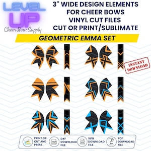 Pode incluir: Conjunto de designs de laços de torcida Emma geométricos para laços de torcida de 7,6 cm. O conjunto inclui seis designs diferentes com padrões geométricos pretos, laranja e azuis. Os designs estão disponíveis para download instantâneo nos formatos SVG, DXF e PDF.