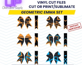 Op de afbeelding: Geometrische Emma cheer bow designset voor 7,6 cm cheer bows. De set bevat zes verschillende ontwerpen met zwarte, oranje en blauwe geometrische patronen. De ontwerpen zijn beschikbaar als instant downloads in SVG, DXF en PDF-formaten.