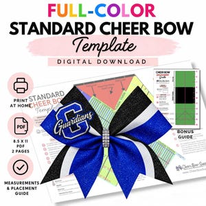 May include: A digital download template for a standard cheer bow featuring a black, blue, and white design with a glittery texture. The bow includes a letter C with the text Guardians and a central rhinestone embellishment on a printed guide.