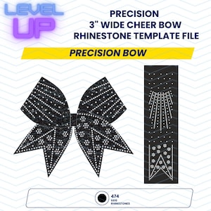 Op de afbeelding: Een zwart-wit strass cheer bow sjabloonbestand. De tekst op de afbeelding luidt "PRECISION 3" WIDE CHEER BOW RHINESTONE TEMPLATE FILE PRECISION BOW". De boog is ongeveer 7,6 cm breed.