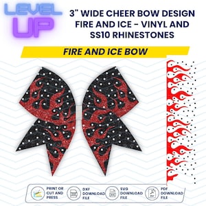 May include: A 3-inch wide cheer bow design with a fire and ice theme. The bow is made of black and red vinyl with white rhinestones. The design features flames and dots. The text "FIRE AND ICE BOW" is printed on the image.
