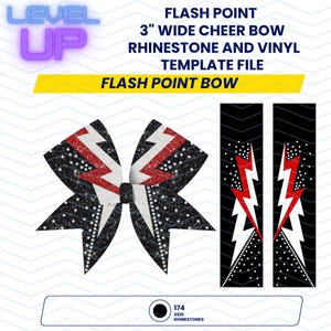 May include: A black, white, and red cheer bow with a lightning bolt design. The bow is 3 inches wide and features rhinestones. The image also includes a template file for the bow design.