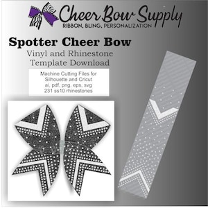 Könnte beinhalten: Schwarz-weißes Cheerleader-Schleifen-Template zum Download mit einem weißen Chevron-Design und silbernen Strasssteinen. Die Vorlage enthält Schneidedateien für Silhouette und Cricut in den Formaten ai, pdf, png, eps und svg. Für dieses Design werden 231 ss10 Strasssteine benötigt.