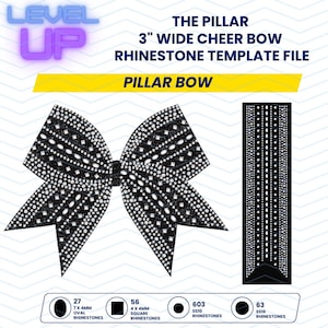 Könnte beinhalten: Eine schwarz-weiße Strass-Vorlagendatei für eine 7,6 cm breite Cheerleader-Schleife. Das Design umfasst eine Schleife und einen vertikalen Streifen mit Details zu Strassstein-Größen und -Mengen. Der Text enthält "THE PILLAR" und "PILLAR BOW".