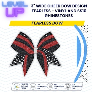 Może przedstawiać: Czarna i czerwona kokarda cheerleaderek z białymi cekinami i kryształkami. Kokarda ma 7,6 cm szerokości i jest oznaczona jako "Fearless Bow".