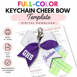 May include: A digital download template for a 1.5-inch keychain cheer bow, featuring a white and purple glitter bow with the text GHS and Guardians. The document includes printing instructions, a PDF icon, and a measurement guide.