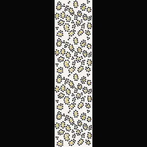 May include: A white rectangular textile with a repeating pattern of black and gold floral-like clusters. The clusters are composed of small black dots surrounding a central gold dot, creating a textured appearance.