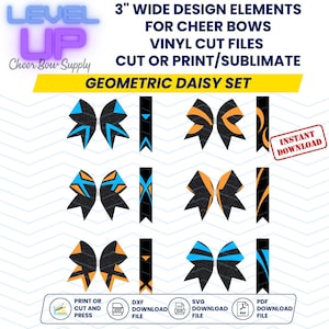 May include: A set of 3-inch wide geometric daisy cheer bow designs in black, orange, and blue. The designs are available as digital download files in SVG, DXF, and PDF formats.  The text "INSTANT DOWNLOAD" is visible in the image.