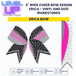 Könnte beinhalten: Ein schwarz-weißes Cheerleader-Schleifendesign mit rosa und silbernen Glitzerakzenten. Die Schleife ist 7,6 cm breit und mit Strasssteinen verziert. Das Design heißt "Erica Bow" und ist als digitaler Download in den Formaten DXF, SVG und PDF erhältlich.