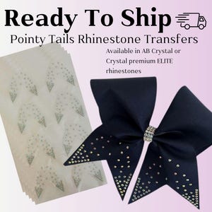 May include: Image features a navy blue cheer bow with rhinestone accents and a sheet of rhinestone transfers. The text reads "Ready To Ship" and "Pointy Tails Rhinestone Transfers."