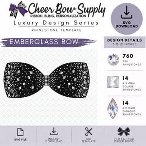 Può includere: Un modello digitale di strass per un fiocco Emberglass, che misura 7,62 x 30,48 cm. Il design presenta una forma di fiocco nero decorata con 760 piccoli strass rotondi, 14 strass quadrati da 4 x 4 mm e 14 strass a forma di diamante da 6 x 10 mm.