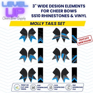 May include: A set of six 3-inch wide cheer bow designs featuring black and white glitter with blue and white accents. The designs are for use with rhinestones and vinyl. The designs are labeled "Molly Tails Set".