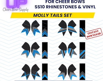 May include: A set of six 3-inch wide cheer bow designs featuring black and white glitter with blue and white accents. The designs are for use with rhinestones and vinyl. The designs are labeled "Molly Tails Set".