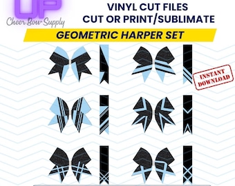 Op de afbeelding: Een set van 7,6 cm brede geometrische cheer bow-ontwerpen in zwart en lichtblauw. De ontwerpen zijn beschikbaar als instant downloads in SVG, DXF en PDF-formaten. De tekst "Geometric Harper Set" wordt bovenaan de afbeelding weergegeven.