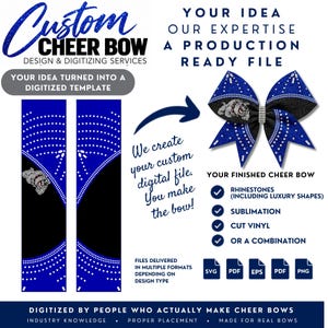 Könnte beinhalten: Ein digitaler Designservice für Cheer-Schleifen, der eine blaue und schwarze Vorlage mit einer Bulldoggen-Grafik und Strassmustern zeigt. Das Bild enthält ein Beispiel für eine fertige Schleife, Text wie Custom Cheer Bow Design & Digitizing Services sowie Symbole für SVG-, PDF-, EPS- und PNG-Dateiformate.