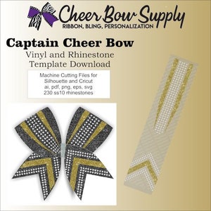 Puede incluir: Una plantilla de descarga digital para un lazo de animadora con rayas doradas y negras y diamantes de imitación. La plantilla incluye archivos de corte para Silhouette y Cricut, y requiere 230 diamantes de imitación ss10.