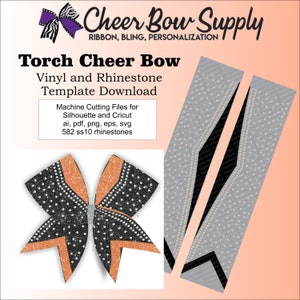 Op de afbeelding: Een zwart en oranje cheer bow ontwerp met strass accenten. De afbeelding bevat de tekst "Torch Cheer Bow" en "Cheer Bow Supply". Het ontwerp is een vinyl- en strass-sjabloon download voor Silhouette en Cricut machines.