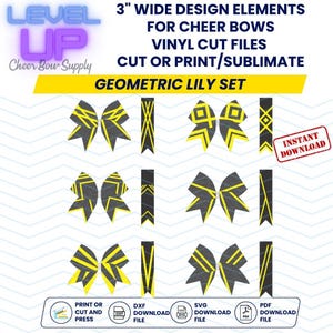 Op de afbeelding: Digitale ontwerpelementen voor cheer bows, met geometrische lelie-ontwerpen in zwart en geel. Tekst bevat "3" Wide Design Elements for Cheer Bows" en "Geometric Lily Set". Inclusief direct downloadopties.