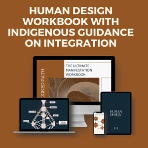 May include: A digital display of a Human Design workbook with the text "Human Design Workbook with Indigenous Guidance on Integration." The image shows a laptop, desktop monitor, tablet, and smartphone displaying workbook content. The laptop screen shows a Human Design chart.