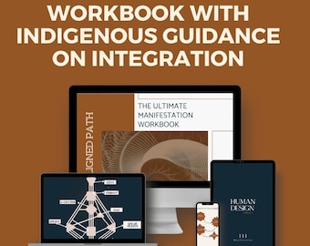 Op de afbeelding: Een digitale weergave van een Human Design werkboek met de tekst "Human Design Workbook with Indigenous Guidance on Integration". De afbeelding toont een laptop, een desktopmonitor, een tablet en een smartphone met de inhoud van het werkboek.