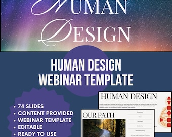Op de afbeelding: Een webinar template getiteld "Human Design" met een sterrenhemel achtergrond. Het ontwerp bevat de woorden "Human Design" in een gestileerd lettertype, samen met een lijst met functies: 74 dia's, inhoud geleverd, bewerkbaar en klaar voor gebruik.
