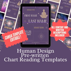 May include: Purple digital template for Human Design readings. The template includes space for the client's first and last name, date, time, and location of birth, and the brand name. The text "CANVA TEMPLATE EDITABLE!" is in a red starburst shape. The text "ALL CONTENT AND WRITTEN DESCRIPTIONS INCLUDED!" is in a red starburst shape.