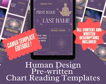Op de afbeelding: Paarse digitale sjabloon voor Human Design-lezingen. De sjabloon bevat ruimte voor de voor- en achternaam van de klant, datum, tijd en geboorteplaats, en de merknaam. De tekst "CANVA TEMPLATE EDITABLE!" staat in een rode stervorm. De tekst "ALL CONTENT AND WRITTEN DESCRIPTIONS INCLUDED!" staat in een rode stervorm.