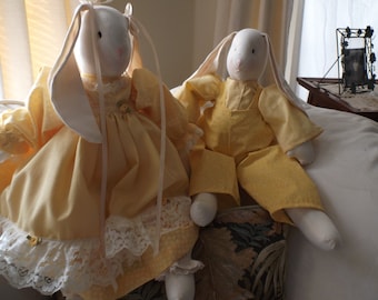 Handmade Stuffed Bunny Rabbit  , Boy & Girl in Matching  Clothes in Bright Yellow made in the USA