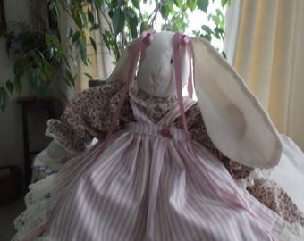 Glenda's Flower Garden Mauve Stuffed Bunny Rabbit, Little Roses and Stripped Pinafore