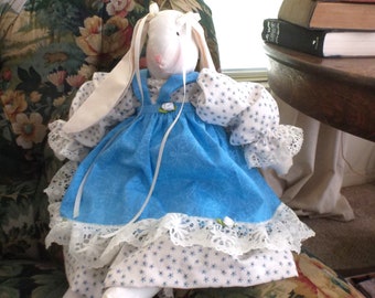 Beautiful Blue Dressed Stuffed Bunny..Made in America