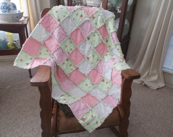 Beautiful Pink and Green with Little Pink Flowers Baby  Rag Quilt