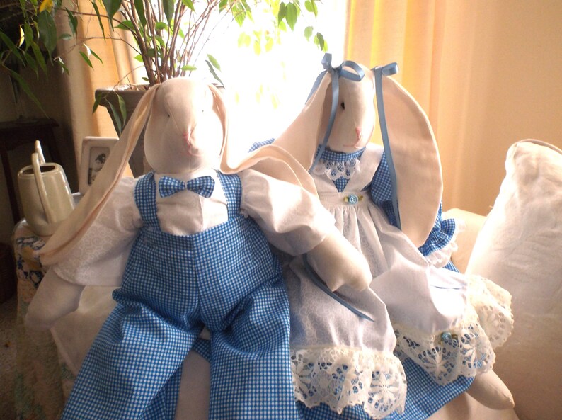 Set of Bunny Rabbits, Boy and Girl in Blue and White ,Flopply Ears image 5