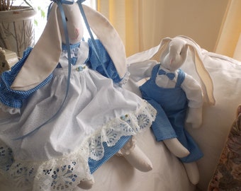 Set of Bunny Rabbits, Boy and Girl in Blue and White ,Flopply Ears