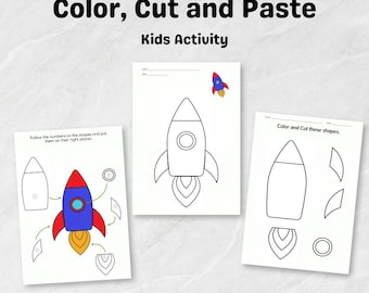 May include: A printable worksheet for kids to color, cut, and paste shapes to create a rocket. The worksheet includes instructions to follow the numbers on the shapes and put them on their right places. The worksheet also includes a blank rocket for coloring.