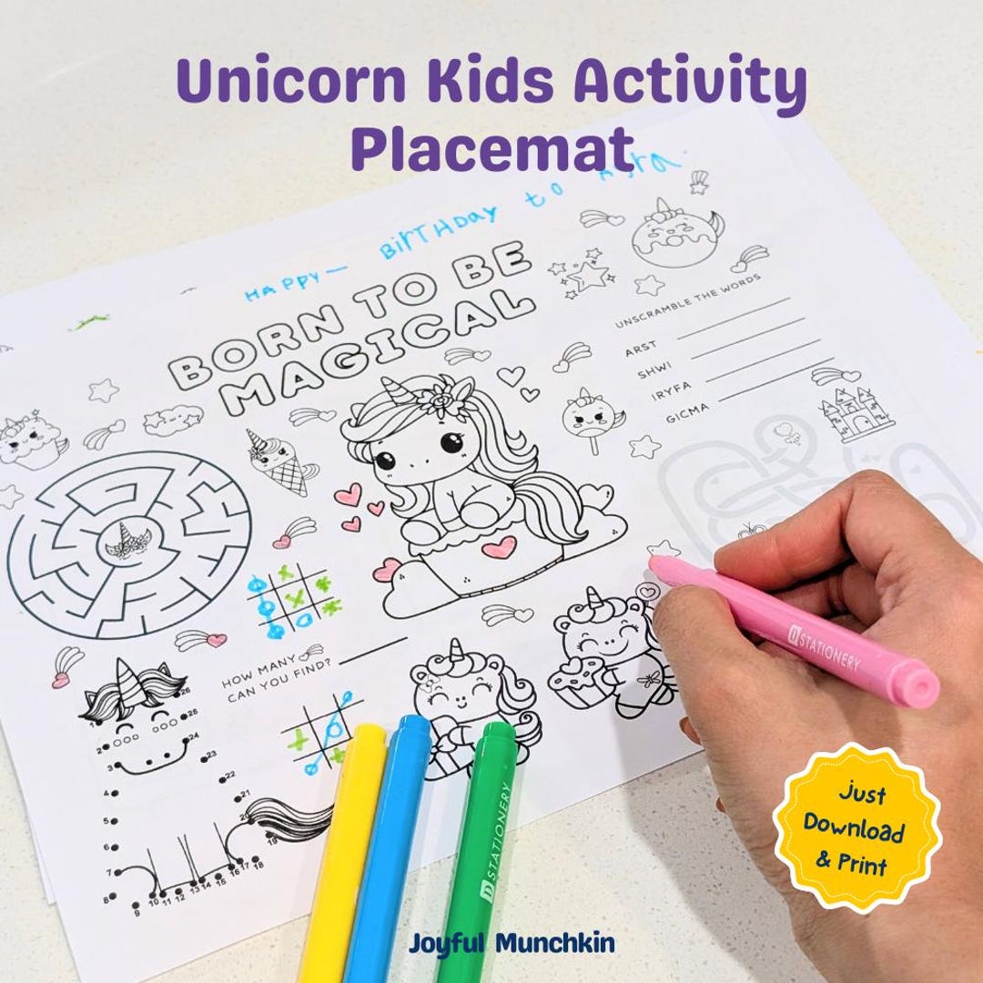 Unicorn Birthday Kids Activity Placemat Printable, Unicorn Fairy Party ...