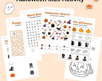 May include: A collection of six Halloween-themed activity sheets. The sheets include a word search, a maze, and a find-the-difference game. The image also features a ghost and spider illustrations, and the text "Halloween kids Activity".