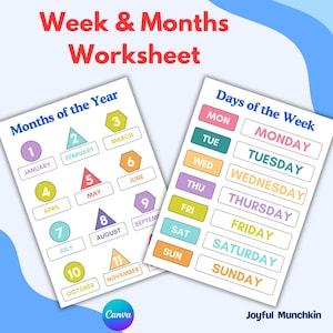 Days of the Week Months of the Year, Printable Kids Digital Planner Colorful Classroom Decor, Pre-K Worksheets Homeschool Digital Download