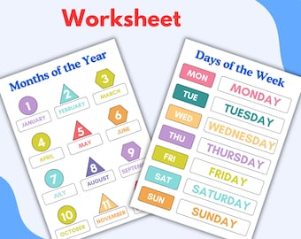 Days of the Week Months of the Year, Printable Kids Digital Planner Colorful Classroom Decor, Pre-K Worksheets Homeschool Digital Download
