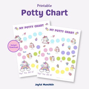 Peut inclure: Tableau d'apprentissage de la propreté imprimable sur le thème de la licorne. Le tableau présente un design coloré avec des cercles roses, bleus, jaunes et verts. Le texte "My Potty Chart" est en haut du tableau. Le texte "Yay! You did it!" est en bas du tableau.