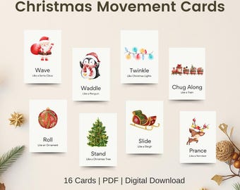 Tarjetas imprimibles de movimiento navideño para niños, actividades de descanso mental durante las fiestas, tarjetas de actividad motora gruesa
